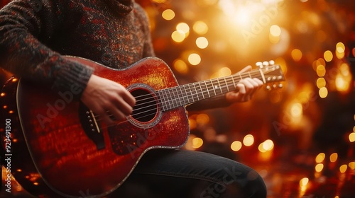 A musicians hands delicately strum an acoustic guitar creating a warm and intimate melody
