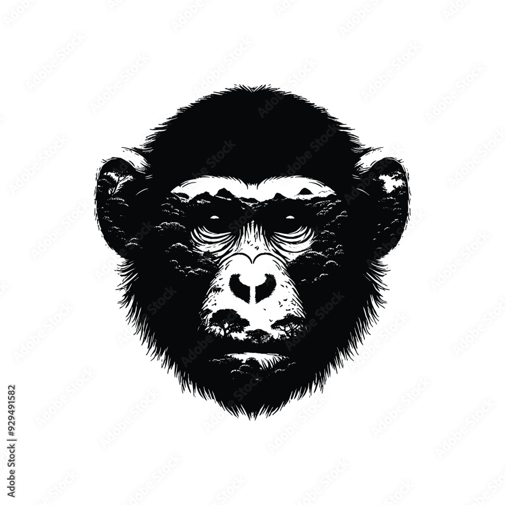 silhouette of monkey, filled with nature view in rough drawing, silhouette of monkey, filled with nature view in rough drawing,
