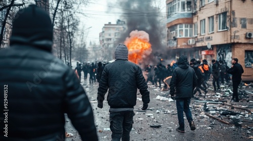 Street unrest: intense city riots featuring violent protest march, with explosions, smoke filling the air, showcasing conflict between angry demonstrators, police amidst chaos of urban disaster.