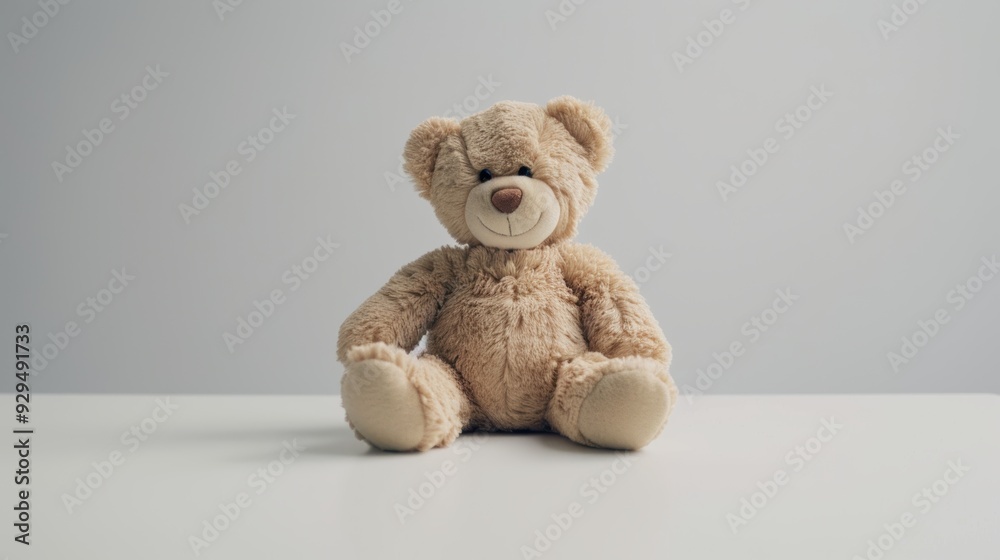 Cute teddy bear sitting on a white surface, evoking childhood memories with its soft, brown fur and comforting presence Cute teddy bear sitting on a white surface, evoking childhood memories with its soft, brown fur and comforting presence