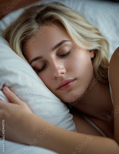 Peaceful blonde girl sleeping soundly in cozy bed, surrounded by soft pillows and serene nighttime atmosphere. Generative AI. Young blonde girl peacefully sleeps in bed, enjoying tranquil moment