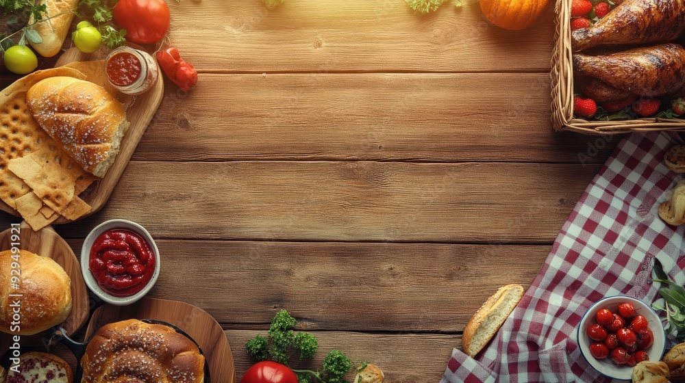 Rustic picnic flyer featuring homemade foods on a checkered blanket, with generous space for text or branding.