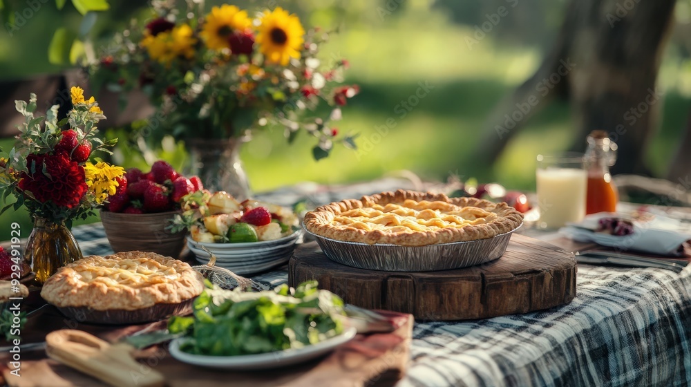 Rustic picnic flyer with images of homemade picnic foods like pies and salads, set in a natural outdoor setting, perfect for a casual gathering. Rustic picnic flyer with images of homemade picnic foods like pies and salads, set in a natural outdoor setting, perfect for a casual gathering.