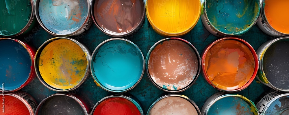 A Close-Up View of Open Paint Cans with Various Colors A Close-Up View of Open Paint Cans with Various Colors