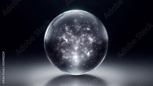 Power magic clear glass ball with sparkling effect inside, showing premium and special on black background.