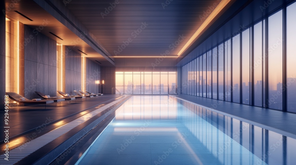 A serene indoor swimming pool with modern design and city views at sunset. A serene indoor swimming pool with modern design and city views at sunset.
