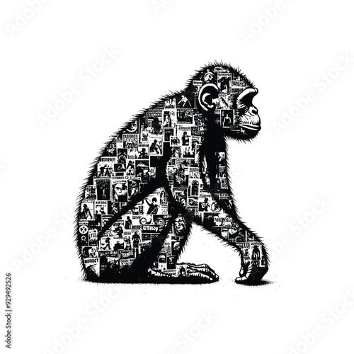 silhouette of monkey filled with vintage punk's poster collage wall in rough drawing, photo