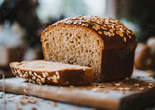 Whole wheat bread slice with a hearty flavor, displayed on a wooden surface, high-quality food photography showcasing texture and color detail. 

 photo