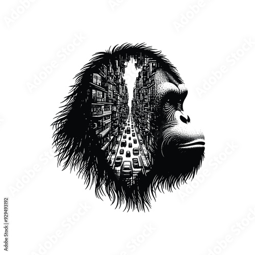 silhouette of orangutan, filled with ghetto street in rough drawing,