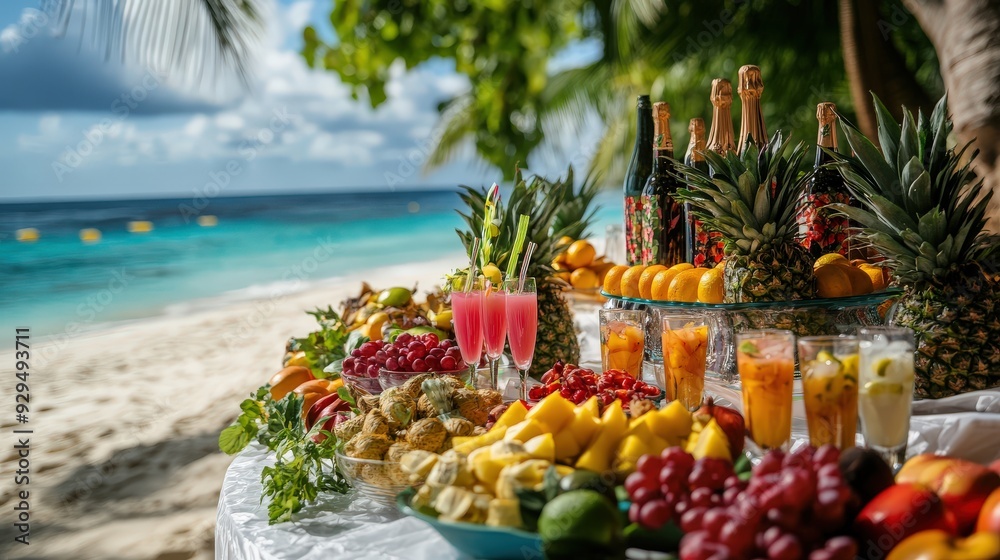 Tropical beach picnic setup with colorful fruits and drinks, providing generous space for event details or promotions. Tropical beach picnic setup with colorful fruits and drinks, providing generous space for event details or promotions.