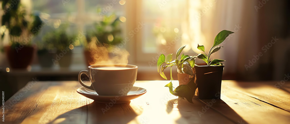 A serene morning scene featuring a cup of coffee beside a growing plant, illuminated by gentle sunlight through a window. A serene morning scene featuring a cup of coffee beside a growing plant, illuminated by gentle sunlight through a window.