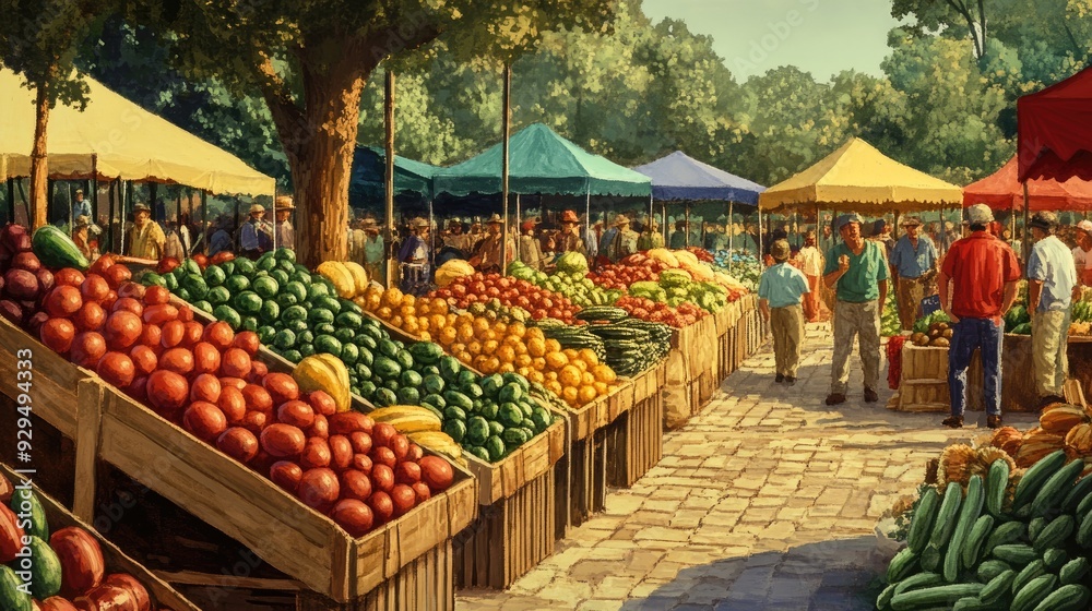 A farmers market scene with multiple stalls, vibrant colors, and plenty of space for copy above. A farmers market scene with multiple stalls, vibrant colors, and plenty of space for copy above.