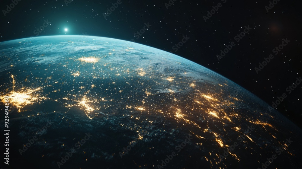 Obraz premium Earth view from space showcasing a global network and blockchain technology. Depicts planet and communication in a futuristic minimalist style, representing future world advancements
