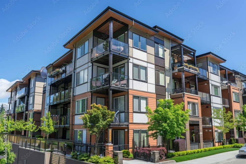 Multifamily residential complex with exterior views of balcony rails Multifamily residential complex with exterior views of balcony rails
