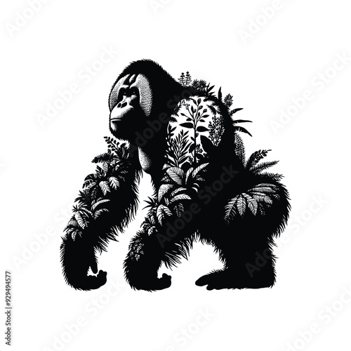 silhouette of orangutan filled with tropical plant in the jungle in rough drawing,