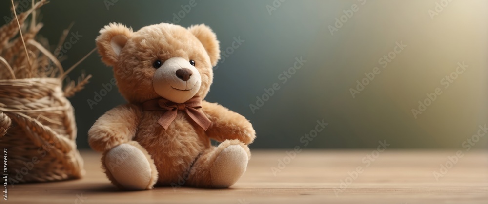 Plush Brown Teddy Bear with Bow on Wooden Table Plush Brown Teddy Bear with Bow on Wooden Table