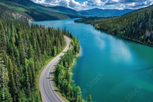 Aerial View of a Winding Road Beside a Turquoise Lake