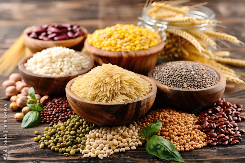 A wooden table features various grain-filled bowls, ideal for rustic or farm-themed settings A wooden table features various grain-filled bowls, ideal for rustic or farm-themed settings