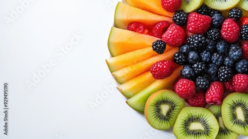 A fresh fruit platter with berries, melon, and kiwi slices on a white background, with space for branding or text.