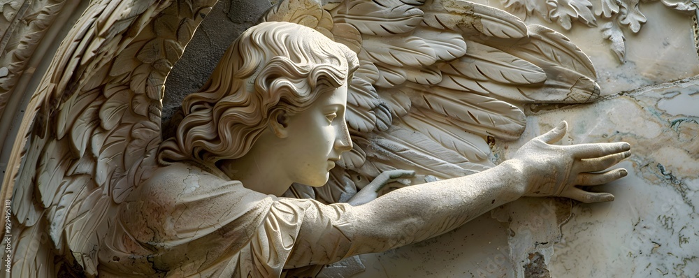 Close-up of a Stone Angel Sculpture with Feathered Wings Close-up of a Stone Angel Sculpture with Feathered Wings