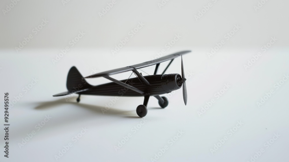 Toy plane model in black on white background, symbolizing travel, nostalgia, and childhood Toy plane model in black on white background, symbolizing travel, nostalgia, and childhood