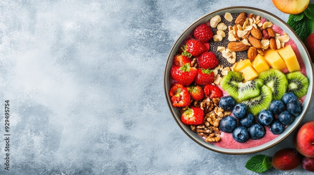 A healthy smoothie bowl with vibrant fruits and nuts, arranged with space for text on a clean background. A healthy smoothie bowl with vibrant fruits and nuts, arranged with space for text on a clean background.
