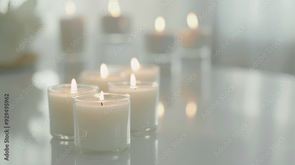 Cluster of white burning candles setting a romantic mood on a mirrored surface Cluster of white burning candles setting a romantic mood on a mirrored surface