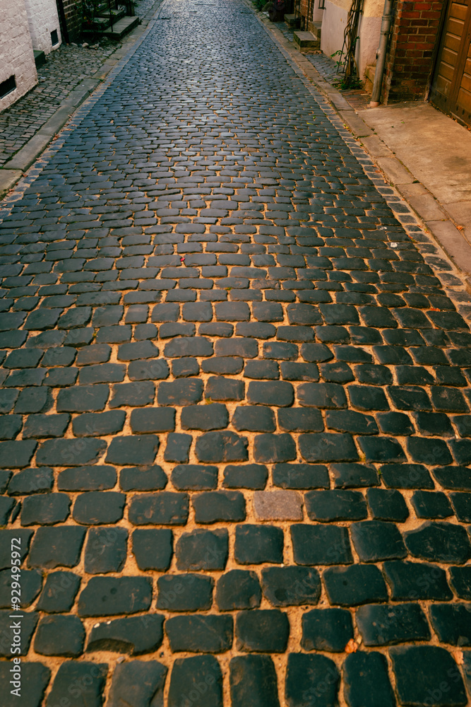Fototapeta premium Pavement road. Stone cladding. Rough brick road. Cobblestone pavement background. Textured background. Sidewalk. Road. Old cobblestone road.