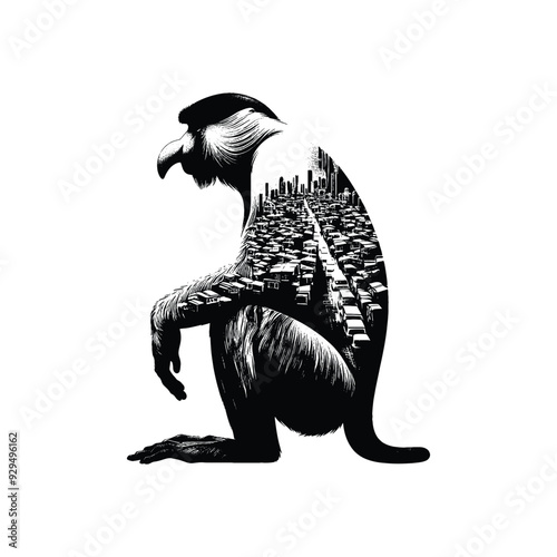silhouette of Proboscis monkey filled with ghetto street in rough drawing,
