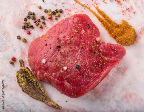 Delicious pieces of red meat steak, seasoned with various herbs and spices. generative ai photo