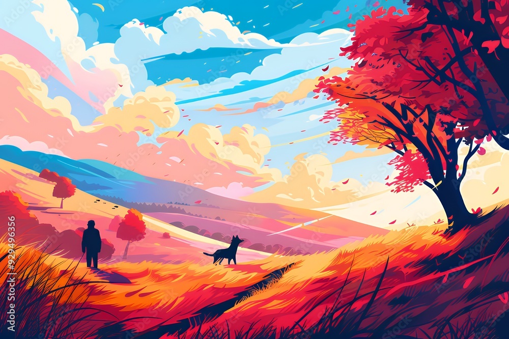 Fototapeta premium A serene landscape featuring a person and a dog amidst colorful autumn foliage.