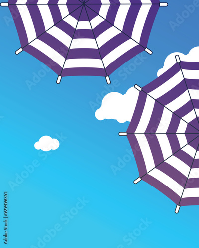 two purple and white umbrellas with a blue sky and clouds in the background.