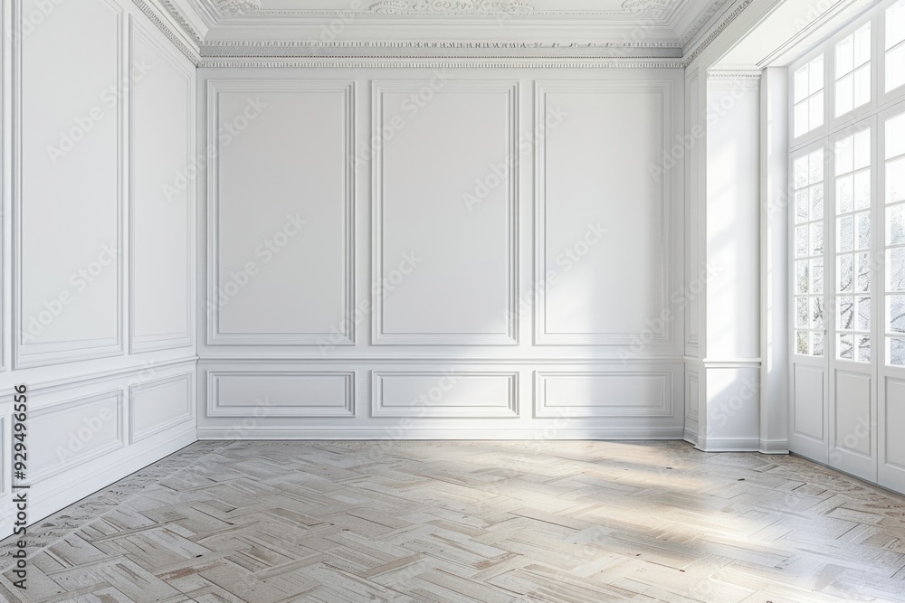 A simple, empty room with white walls and wooden floors A simple, empty room with white walls and wooden floors