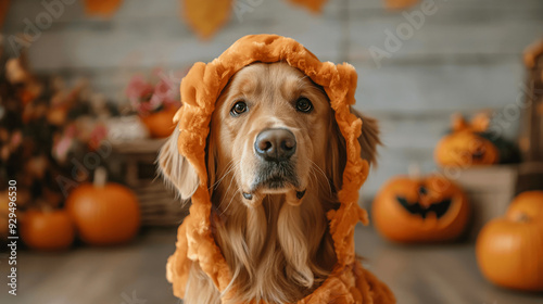 Golden Retriever for Halloween. A dog in a costume for a Halloween party. Funny dogs for Halloween, October 31 holiday, autumn holiday. Trick or treat, Generative AI. photo