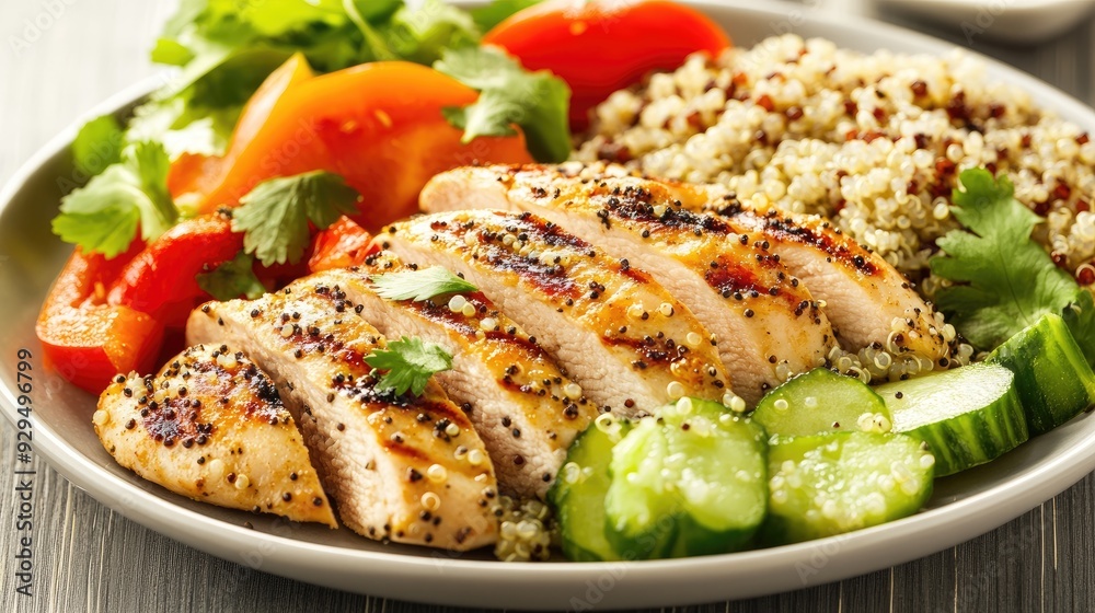 A plate of grilled chicken with quinoa and steamed vegetables, with ample room for promotional text.
