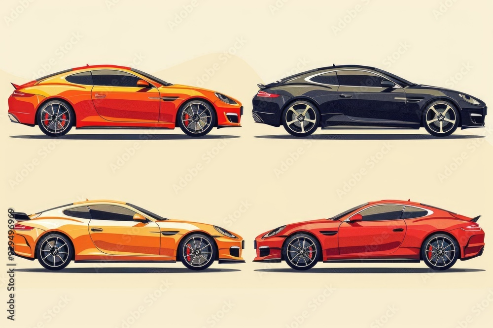 A collection of four sports cars with unique colors A collection of four sports cars with unique colors