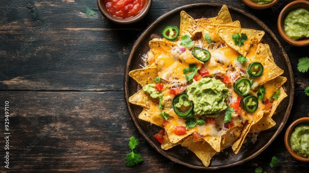 A plate of nachos with cheese, jalapenos, and guacamole, with space for menu items or branding. A plate of nachos with cheese, jalapenos, and guacamole, with space for menu items or branding.