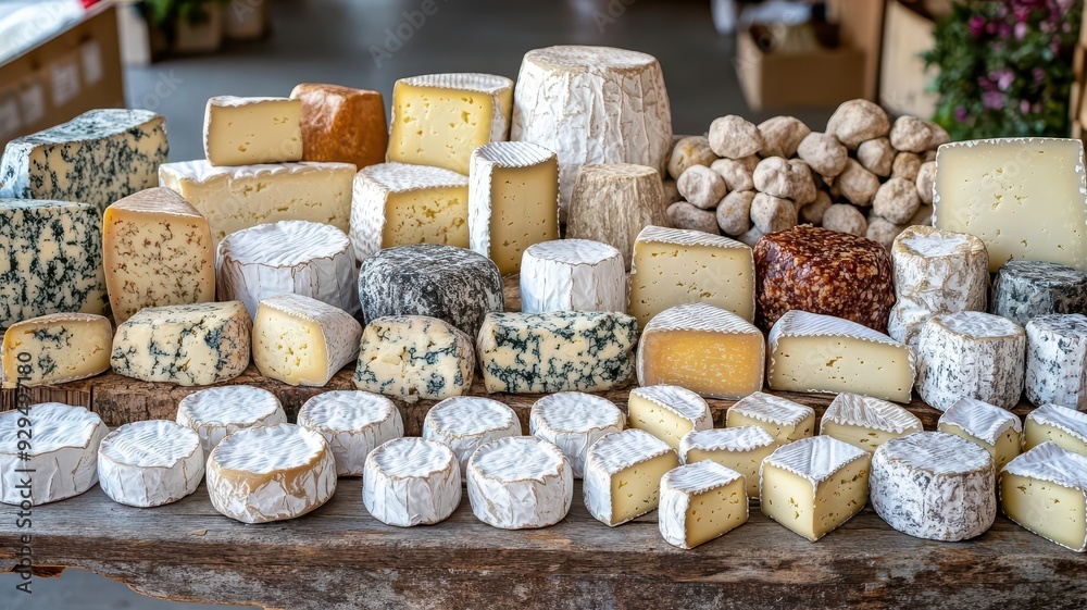 Assorted cheeses displayed on a rustic table at a market, detailed and inviting, Farmers Market, artisan cheese selection Assorted cheeses displayed on a rustic table at a market, detailed and inviting, Farmers Market, artisan cheese selection