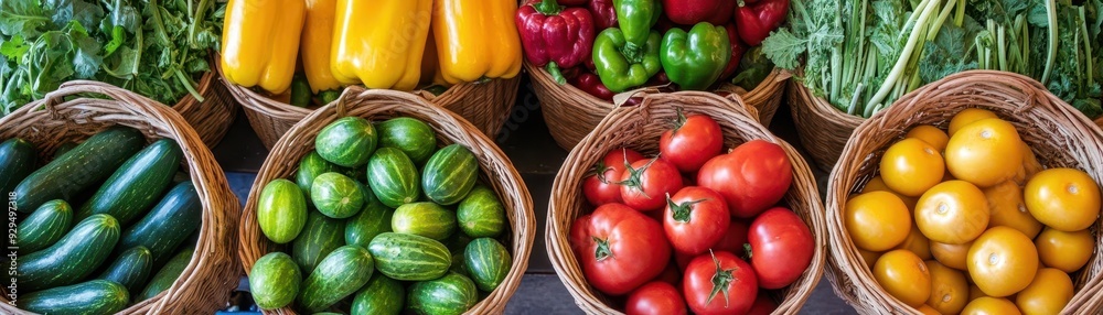 Fresh vegetables arranged in baskets at a bustling farmers market, vibrant colors and textures, Farmers Market, fresh produce display Fresh vegetables arranged in baskets at a bustling farmers market, vibrant colors and textures, Farmers Market, fresh produce display
