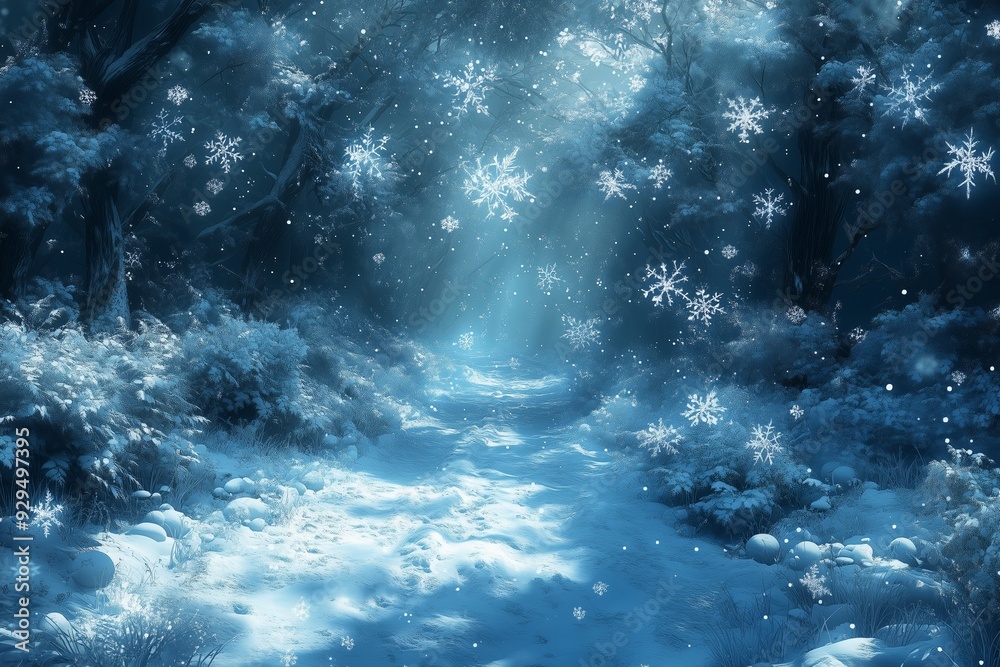 A serene winter scene of a snow-covered forest path illuminated by soft, ethereal light. Large, intricate snowflakes gently fall from the sky, creating a magical and tranquil atmosphere. 