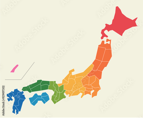 県ごとに分解できる日本地図のイラスト。