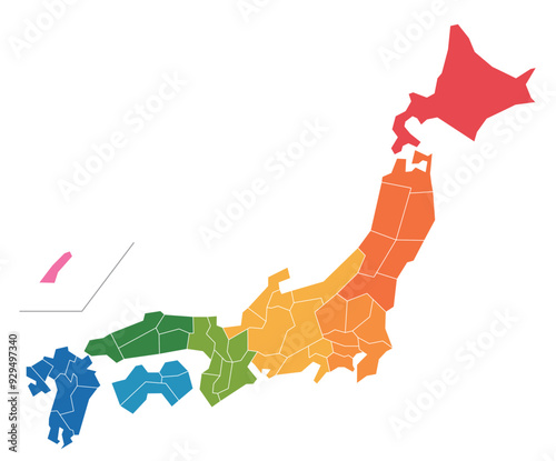 県ごとに分解できる日本地図のイラスト。
