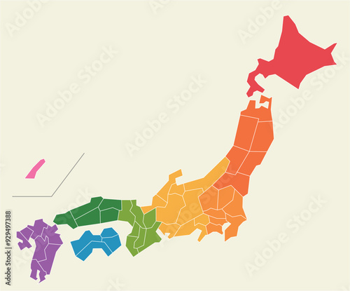 県ごとに分解できる日本地図のイラスト。