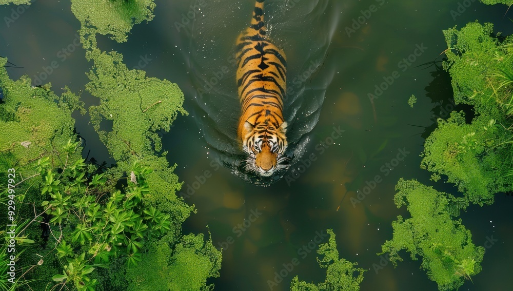 Naklejka premium Tiger Swimming in a Green Pond