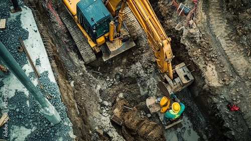 A construction worker operating a backhoe loader to dig trenches for plumbing or electrical lines, with construction materials and equipment nearby