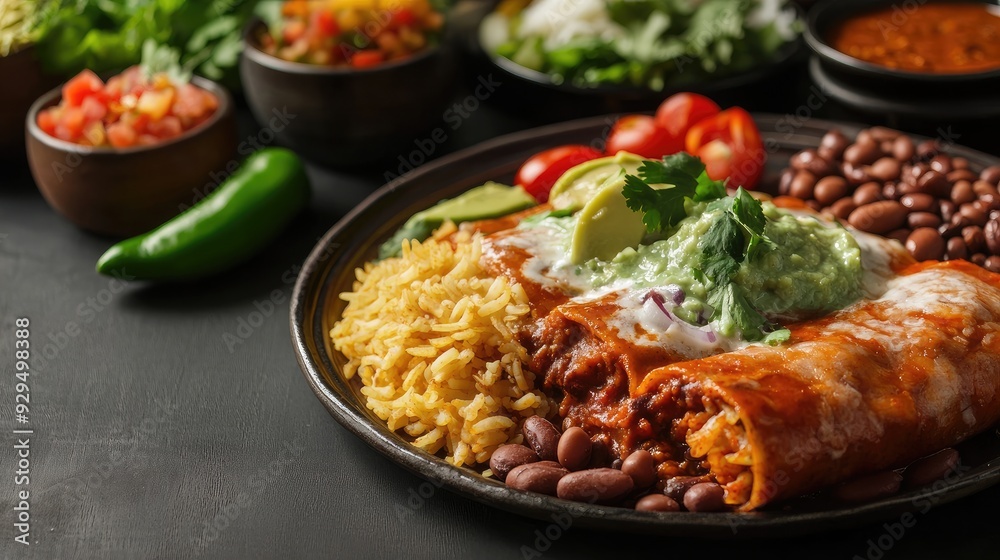 A traditional Mexican meal with rice, beans, and enchiladas, with space for menu content around. A traditional Mexican meal with rice, beans, and enchiladas, with space for menu content around.