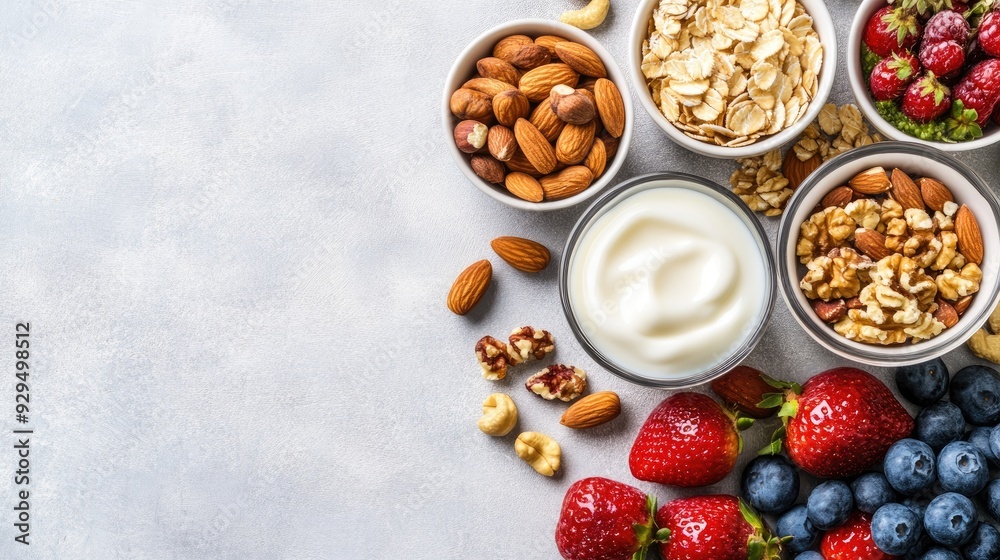 A variety of healthy snacks like nuts, fruits, and yogurt arranged on a table, with clear space for text.