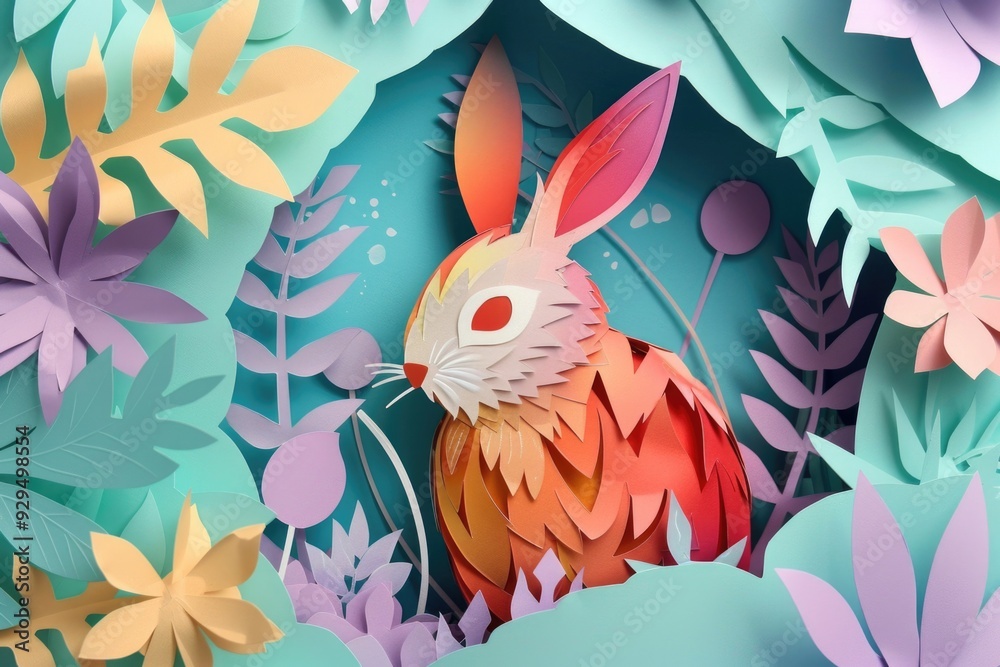 Fototapeta premium A paper cutout of a rabbit surrounded by colorful flowers, perfect for illustrations and designs