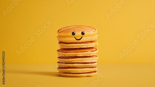 A stack of pancakes with a smiling face against a yellow background, conveying a cheerful vibe.
