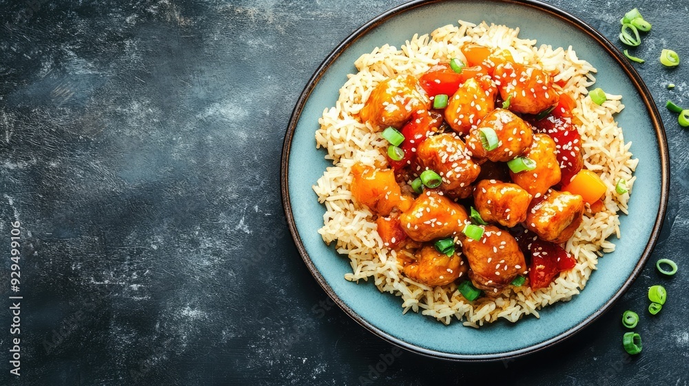 A vibrant plate of sweet and sour chicken with fried rice, with ample space for menu content.